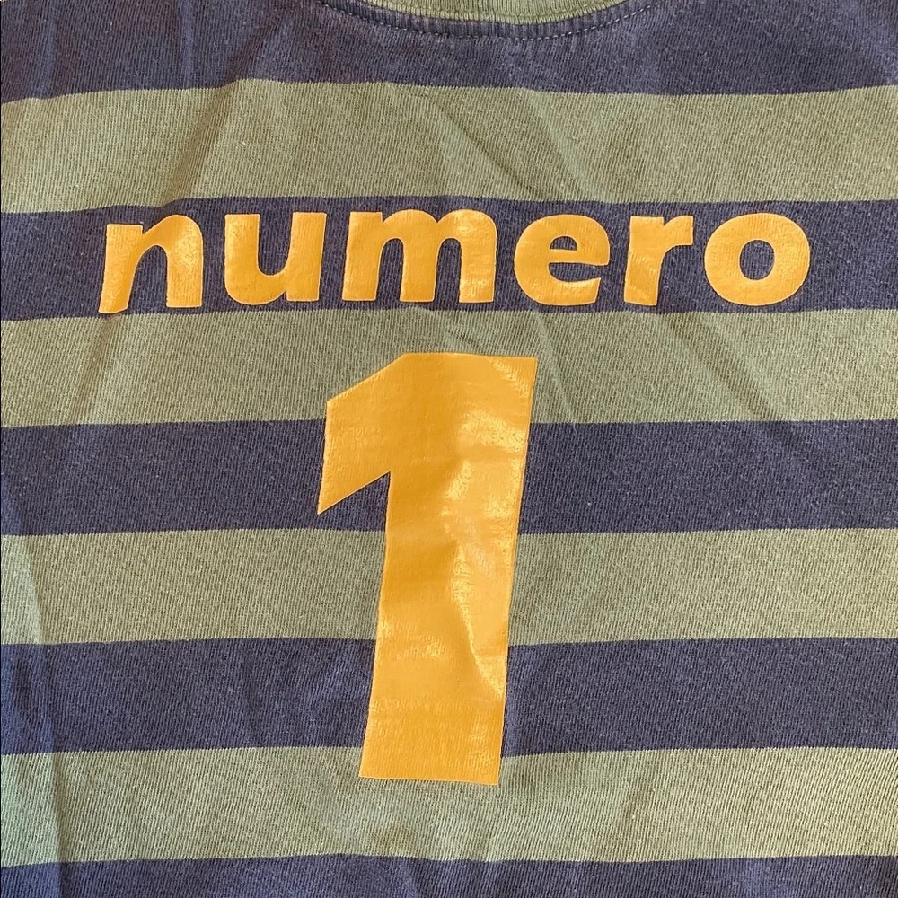 Tea Collection Kids LS Shirt, Navy/Green Stripes and yellow graphic size 7
